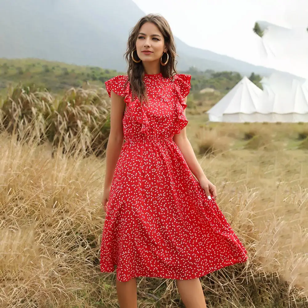  Womens Dress 2020 New Elegant Summer Chiffon Floral Print Ruffle A-line Sundress Casual Fitted Clothes Knees Dresses