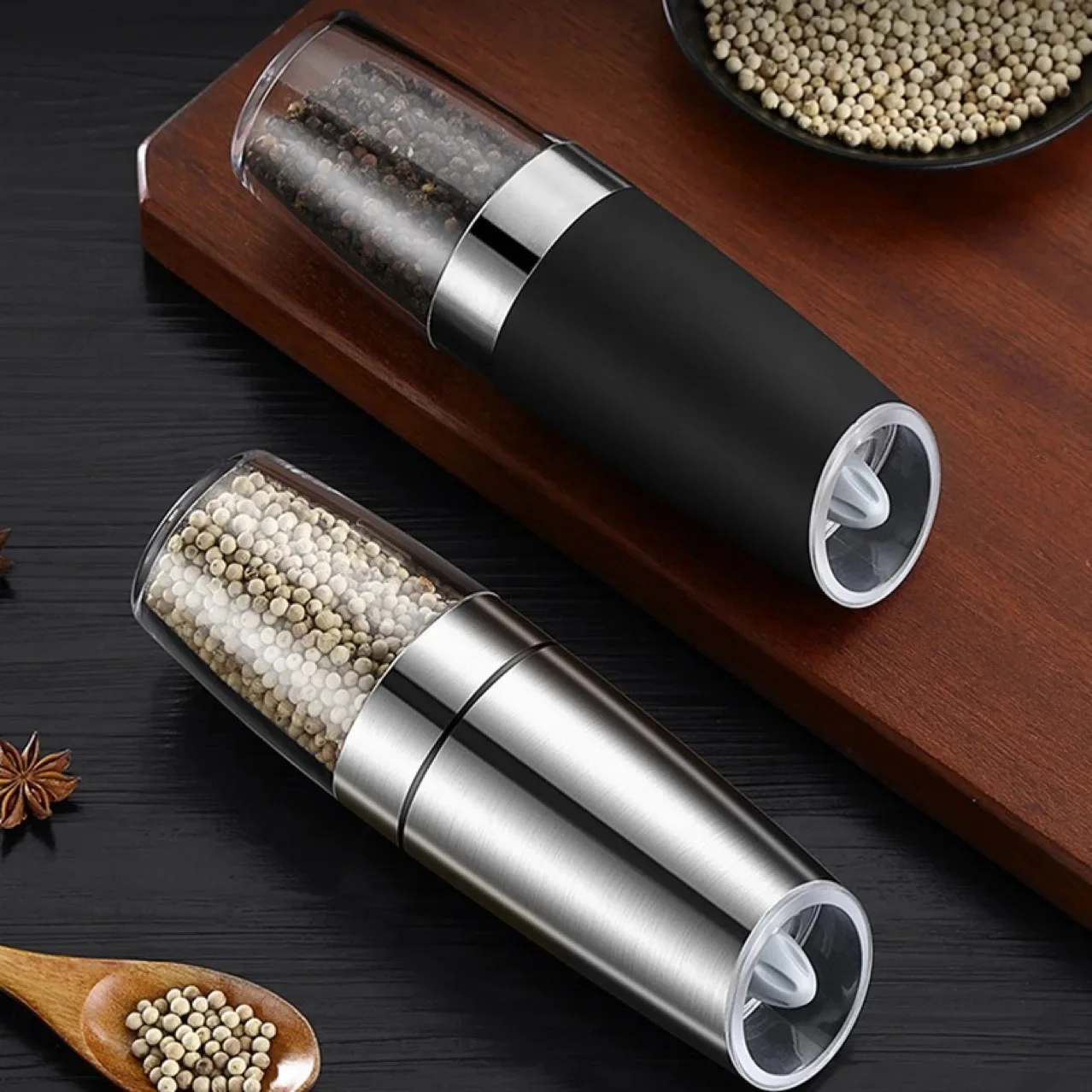 304 Stainless Steel Adjustable Automatic Salt and Pepper Mill with LED Light Gravity Electric Salt and Pepper Grinder Set