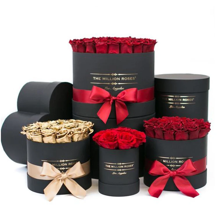 Custom Large Fresh Flower Rose Luxury Gift Packaging Cylinder Tube Round Hat Shape Cardboard Paper Box With Ribbon For Wedding