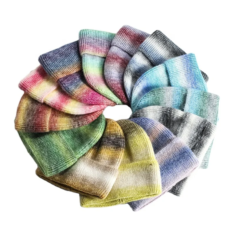 Premium ombre thickened with warm winter unisex custom logo knitted hat wool warm multicolor knitted beanie hat for ladies