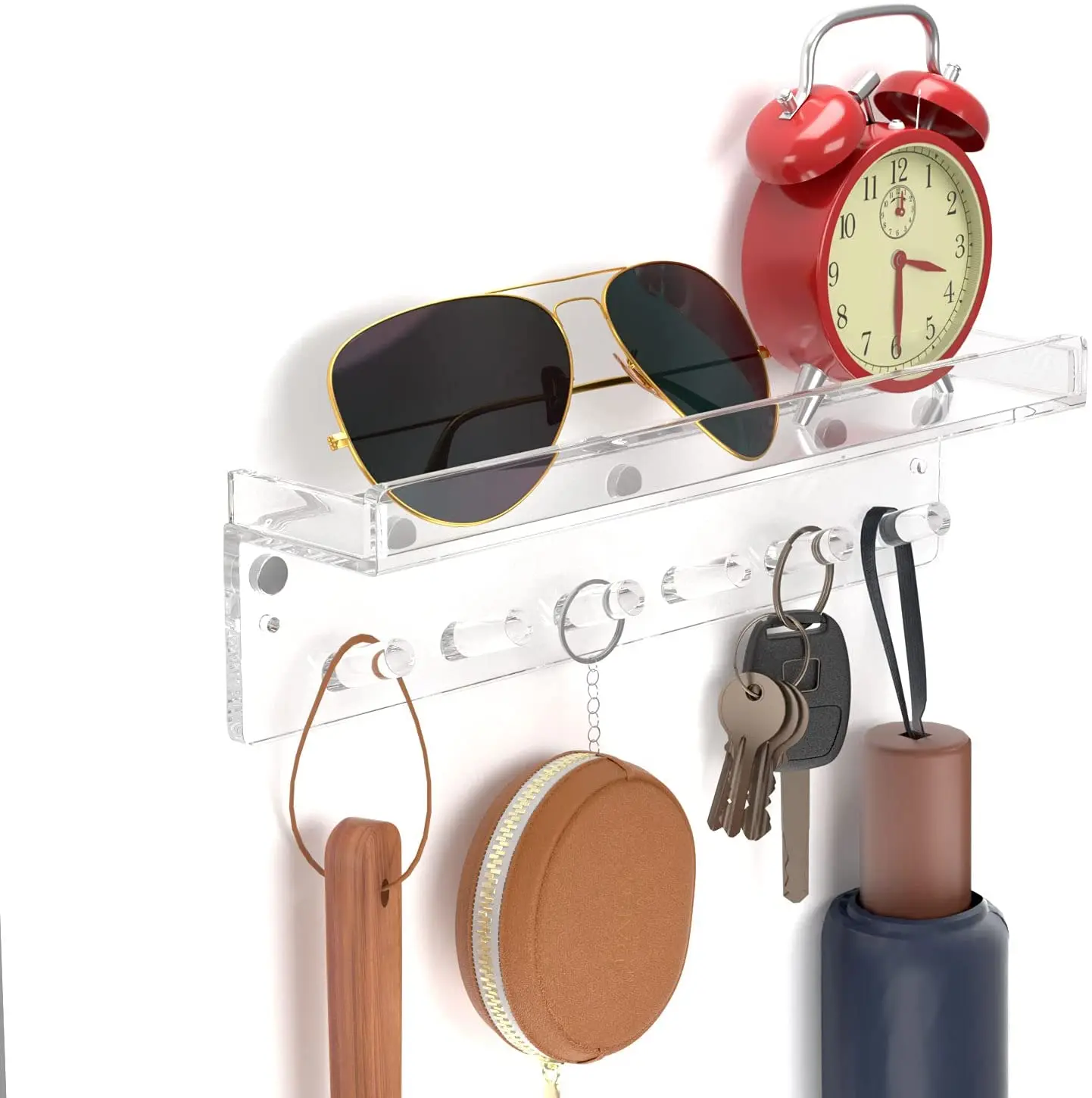 Magnetic Clear Acrylic Wall Hanging Key Rack Holder Shelf with 6 Hooks