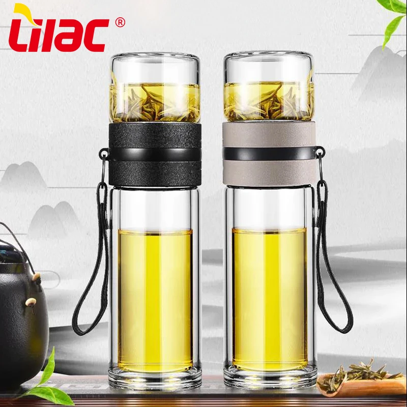Lilac BSCI SGS LFGB 350ml 460ml Double Wall Glass Stainless Steel Tea Infuser Glass hot Water filter Bottle With Infuser