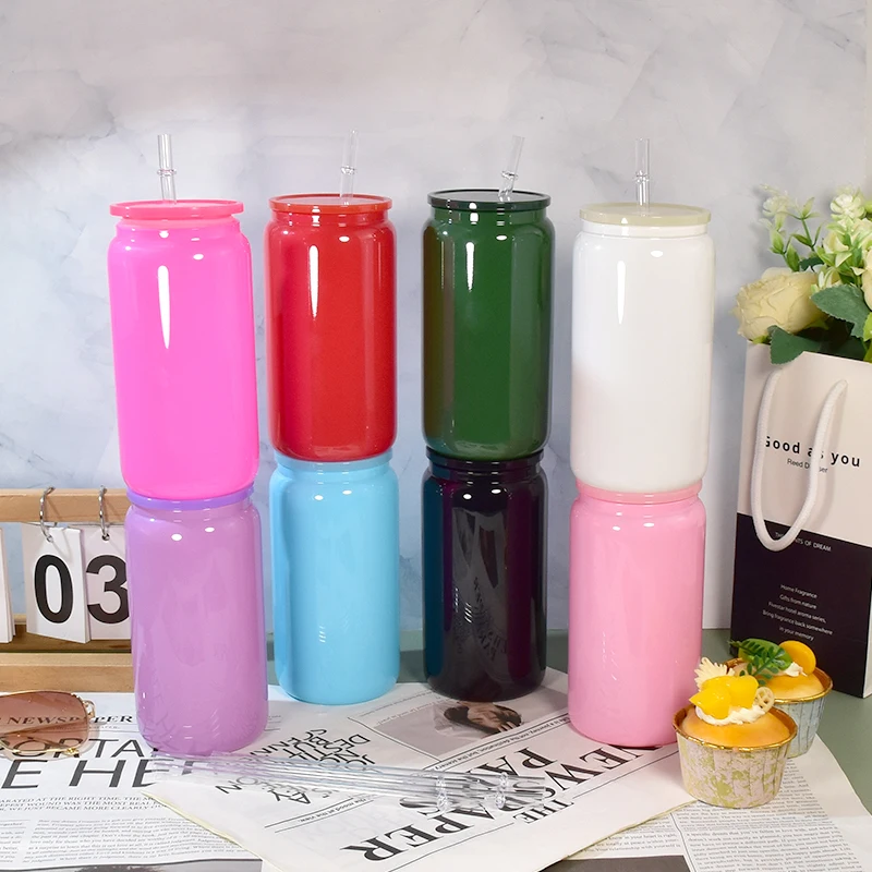 Wholesale 16oz sublimation colored glass can with colored plastic lids and plastic straw for UV DTF wraps
