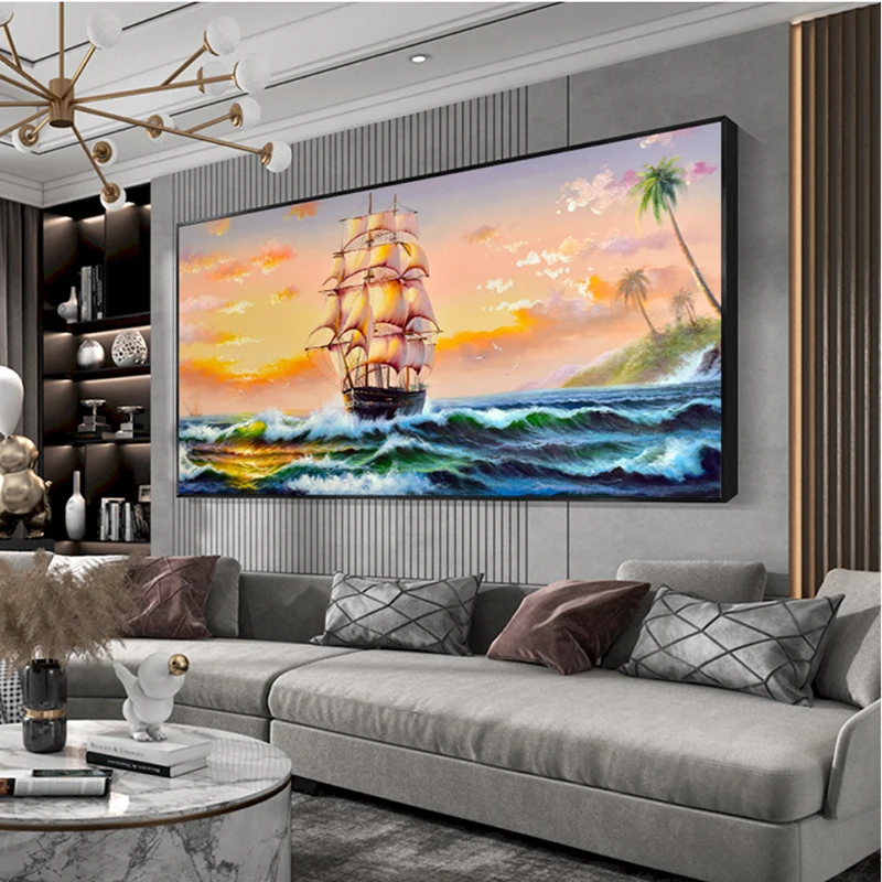Hand-painted sailing oil painting modern living room decoration painting porch scenery hanging painting American mural