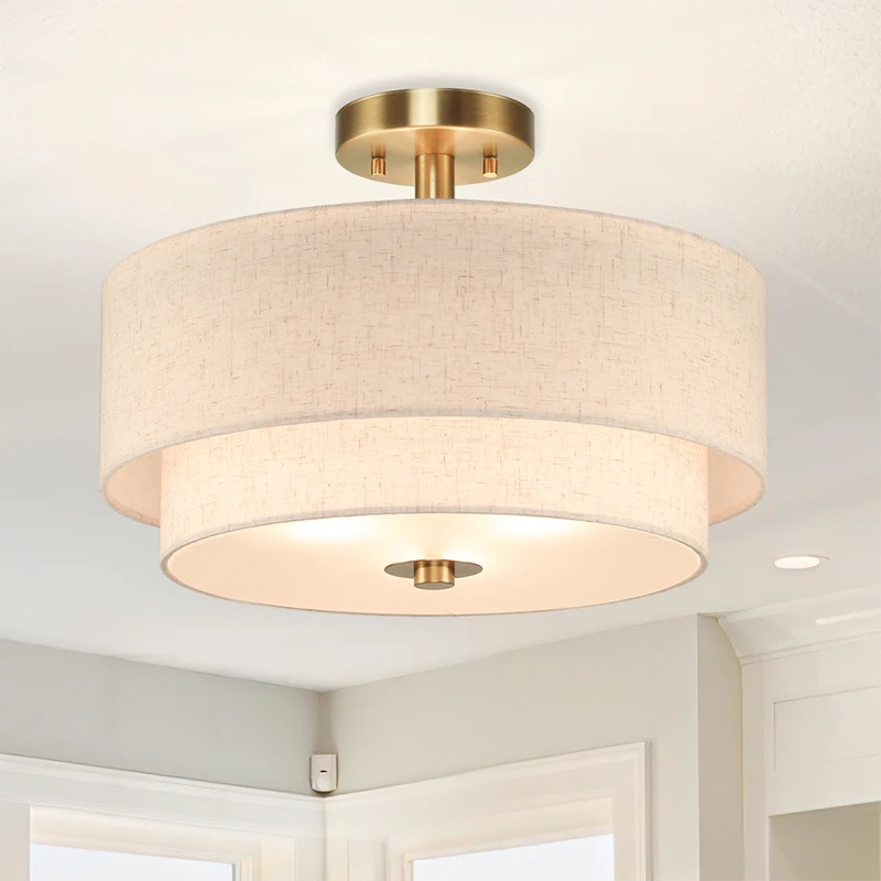 2024 New Minimalist Fabric Lamp Shade Brass Semi Flush Mount Ceiling Light Hanging Modern Light Pendant For Living Room Home