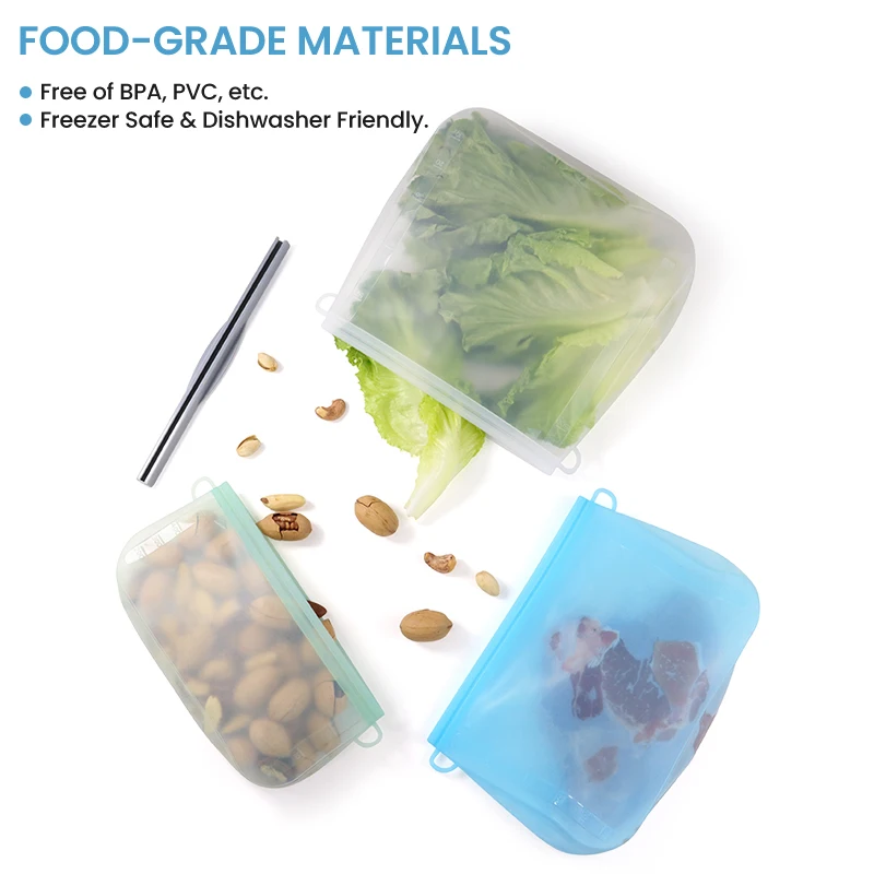 BPA Free Custom Freezer Food Grade Safe Stand Up Foldable Silicon Food Bag Silicone Reusable Storage Food Pouch Bags with Zipper
