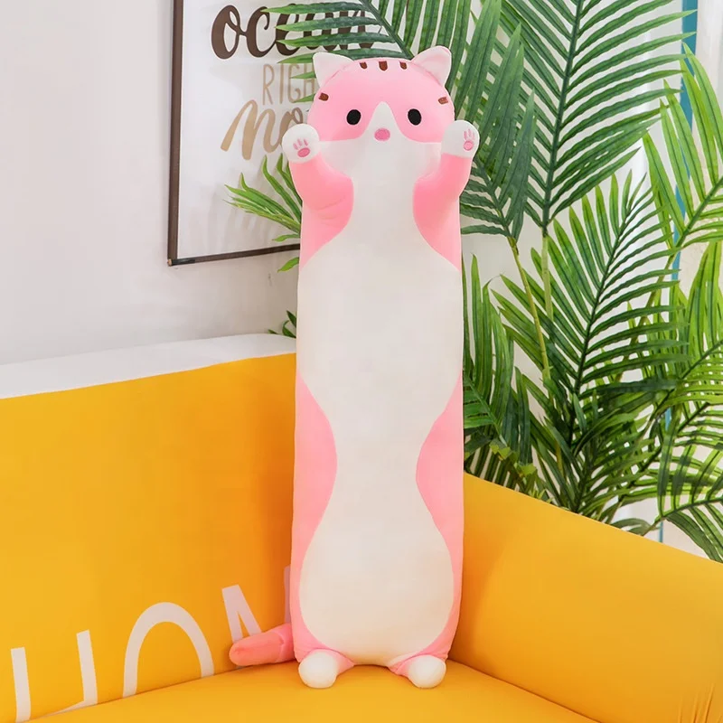 high quality big size stuffed animal cat pillow toys cute cat long plush silk sleeping cushion pillow