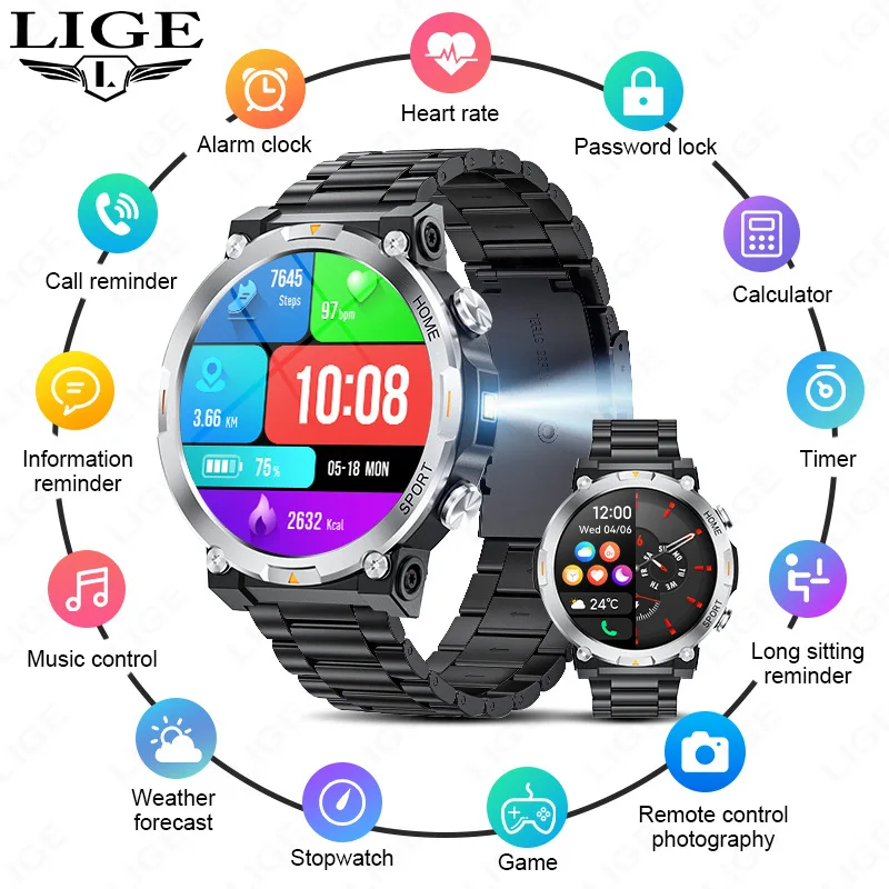 LIGE BW0737 high quality Chinese man smart watch authentic steel Strap bluetooth Motion monitoring in stock summer hand watch