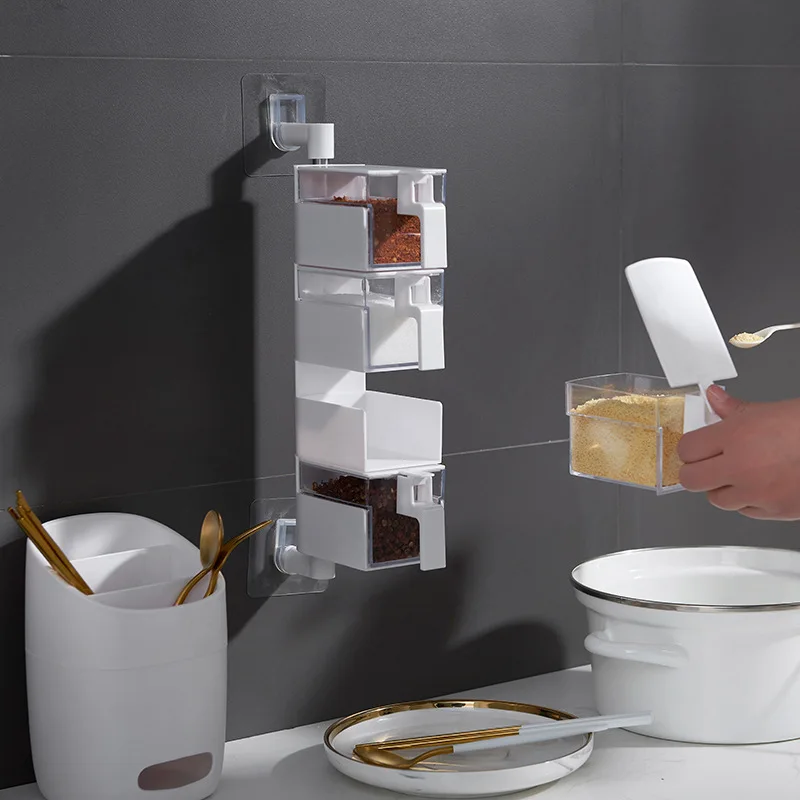 Rotating Condiment Bottles kit Kitchen Salt Seasoning Jar wall mounted seasoning box With cover and spoon