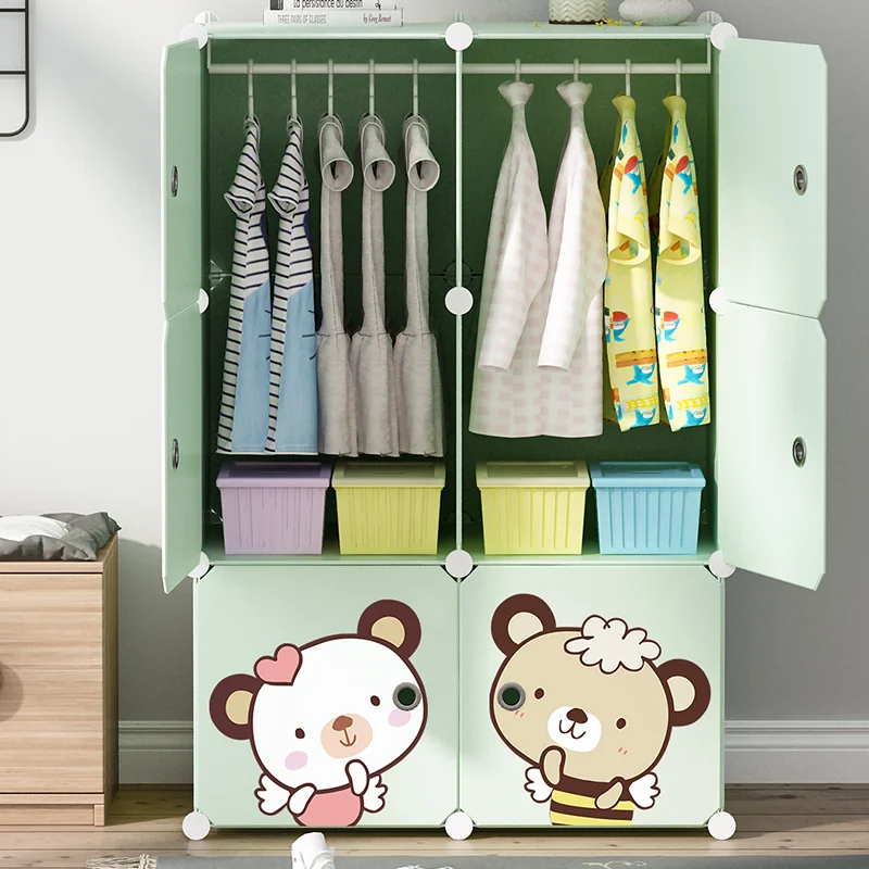 Folding Plastic Cheap Children Wardrobe Baby 12 Cubes with Lovely Stickers Factory Sale PP Portable Plastic Kids Closet Wardrobe