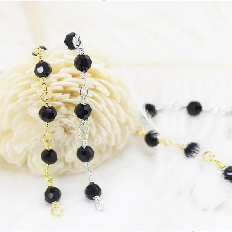 Цепочка из черного хрусталя и стеклянных бусин для изготовления ювелирных изделий ожерелья браслета покрытие настоящим золотом 14