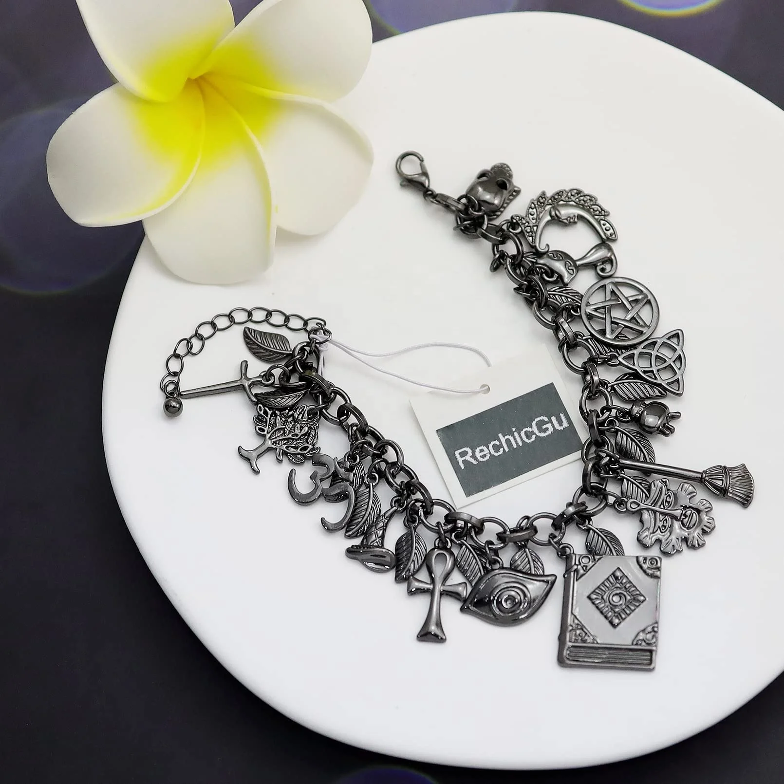 Vintage Multi Charms Cuff Bangle Bracelet Mythology Fairytale Lucky Cross Leaf Moon Face Celtic Cat Book