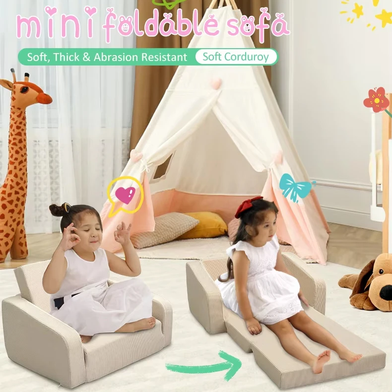 2-in-1 Flip Open Chair Sofa Bed Kids Foam Sofa Kids Folding Mini Sofa Toddler Comfy Fold Out Couch for Kids Nap and Play