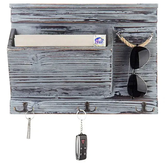 Настенный серый деревянный почтовый держатель с крючками для ключей и держателем для солнцезащитных очков