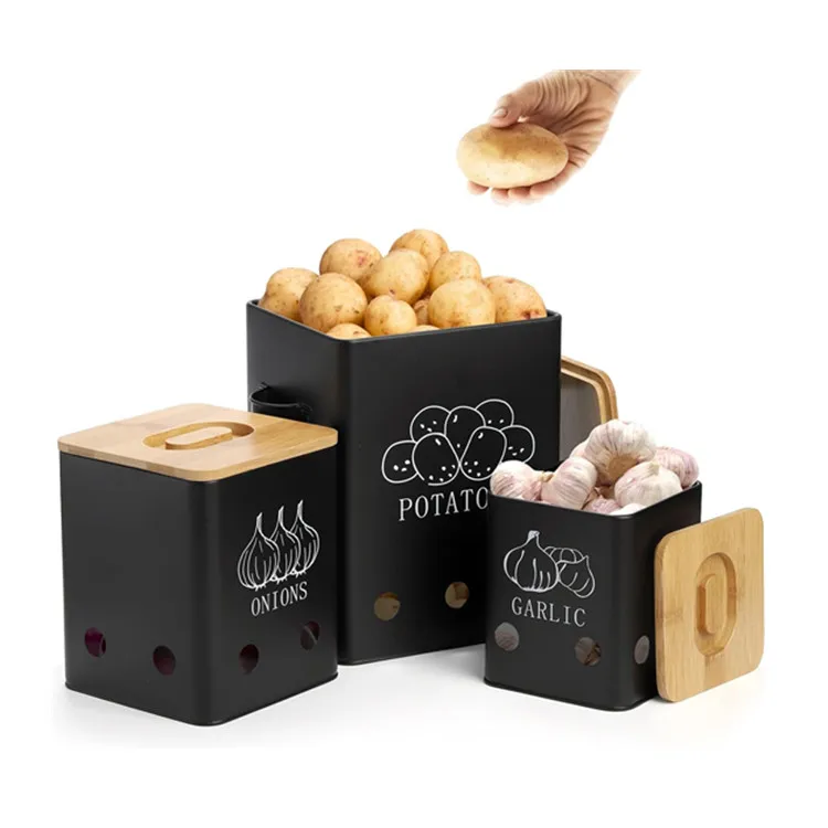 Kitchen Pantry Organizer Black Metal Vegetable Fresh Keeper Caddy Potato Onion Storage Box Food Container Sets With Bamboo Lids