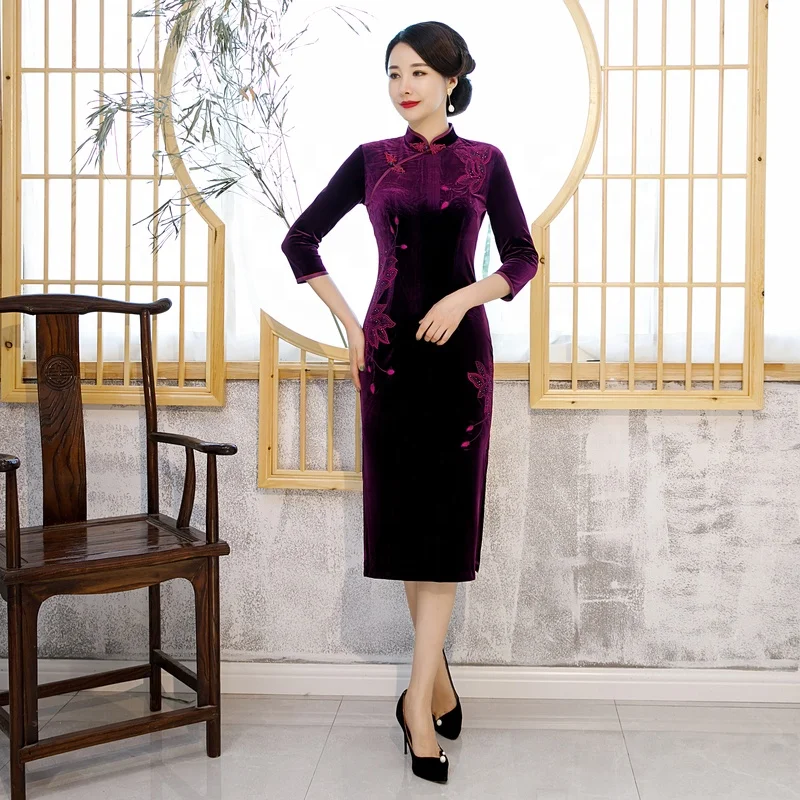 
Chinese Traditional Cheongsam velvet fabric Qipao wedding party Dress For Women 