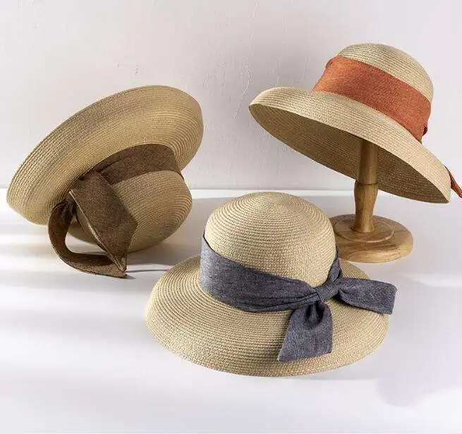 Wholesale Gentle Ladies Floppy Girl Straw Hat Summer Vocation Beach Synthetic Straw Bucket Hat With Ribbon