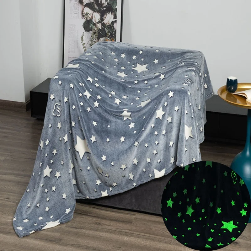 Super Soft Blanket Glow In The Dark Light Blanket Grey Cozy Flannel Star Shining Luminous Blanket For Teens And Kids