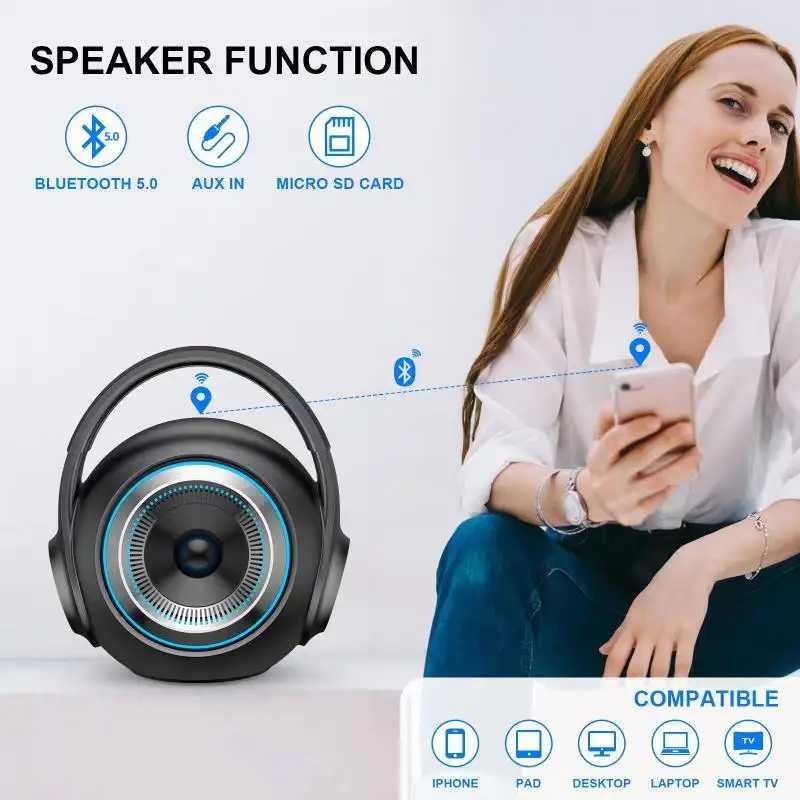 Factory Indoor Outdoor Speaker with Handle Speaker LED Colorful Light Surround Sound Wireless Built-in Mic Speaker