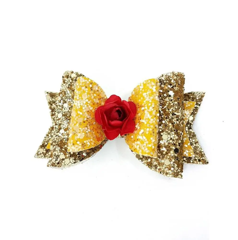 Princess Inspired Hair Bow clip yellow red Over the top  feather bow girl headbands customs hair accessories for toddle and girl