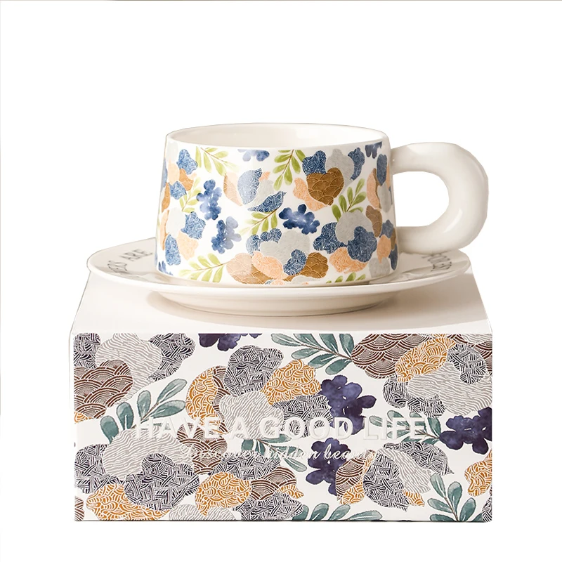 Hot Summer Flower Garden Vintage Design Ceramic Cup Mug Coffee Cup set Coaster dish White Black Custom Ceramic Porcelain Cup