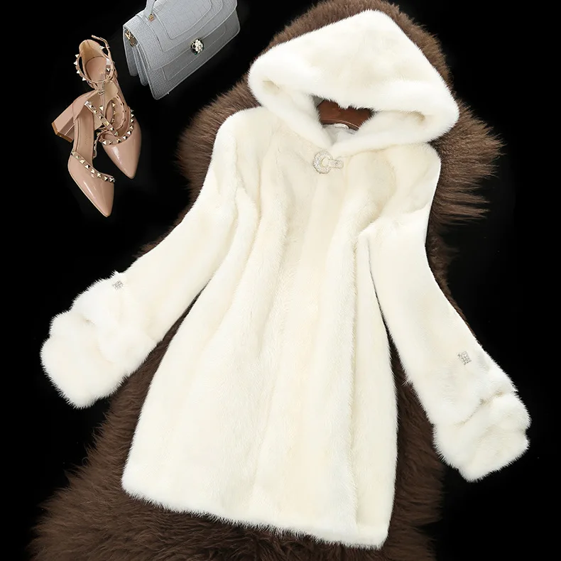 Hot Selling Artifical Mink Fur Hooded Coat Mid-Length Faux Fur Coat Mink Fur Fashion Coat