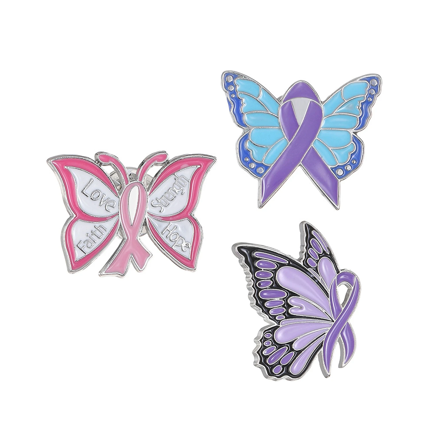 Manufacturer Enamel Pink Purple Blue Butterfly Ribbon Cancer Awareness Brooch Pin Badge Brooches Lapel Pin