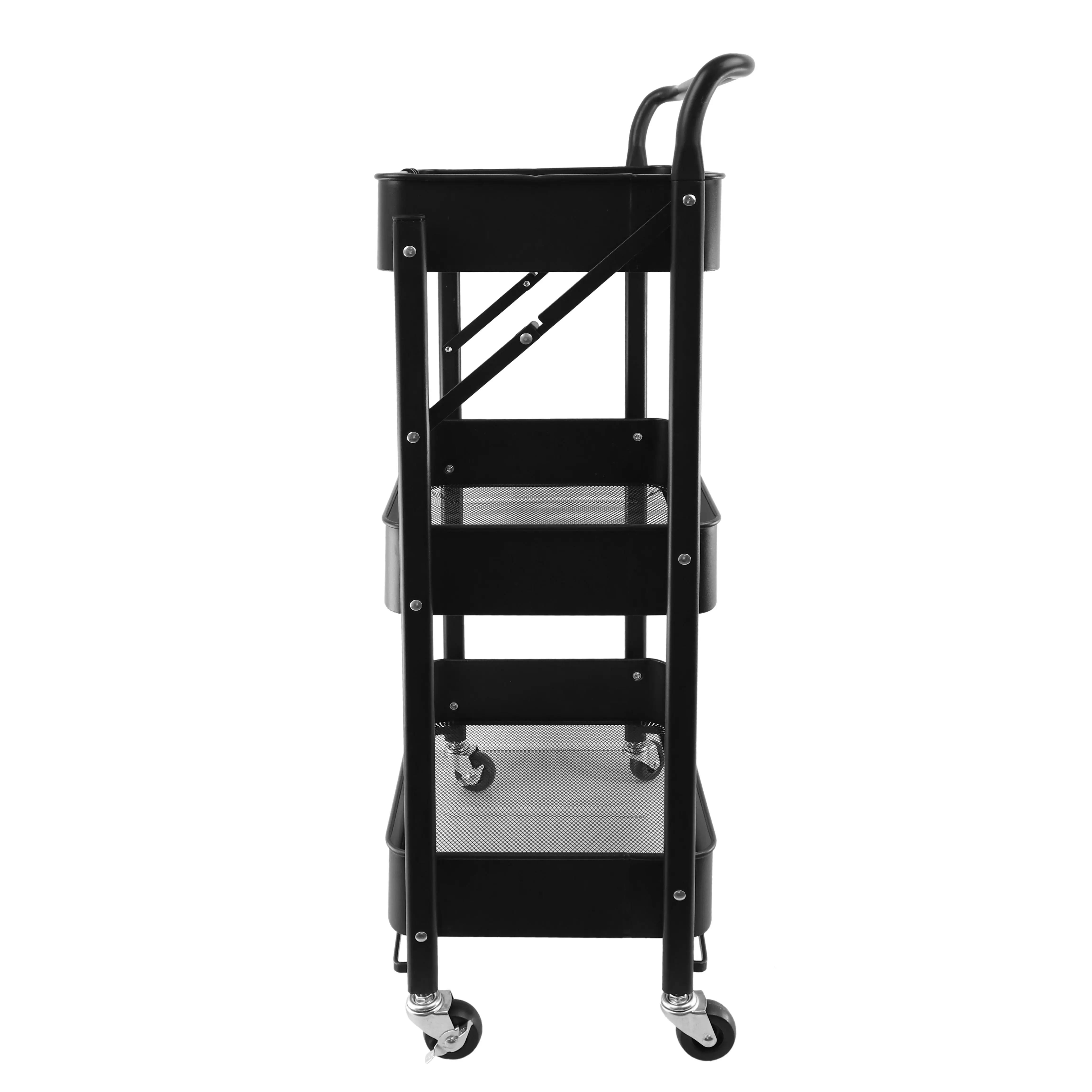 Foldable Metal hand carts & trolleys 3 tier with wheels black color