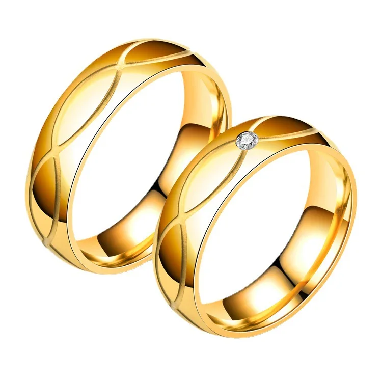 6mm 18k Gold Plated Titanium Steel Engagement Couple Rings Jewelry Stainless Steel Gold Wedding Rings for Couples