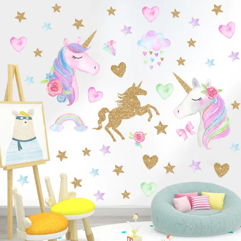 Cartoon unicorn kids room wall paper sticker design 3d wallpaper home decoration