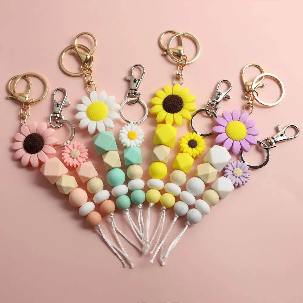 Fashion Summer Candy Colored Silicone Beads Parent-child Keychain Cute  Sunflower Pendant Mommy And Me Family Keychain