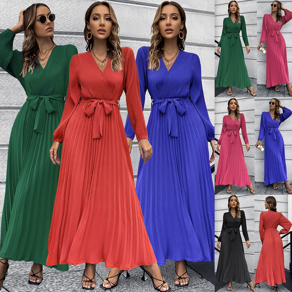 Women solid Bohemia V-Neck Long Sleeve Pleated A-Line Maxi Dresses Lady casual dresses