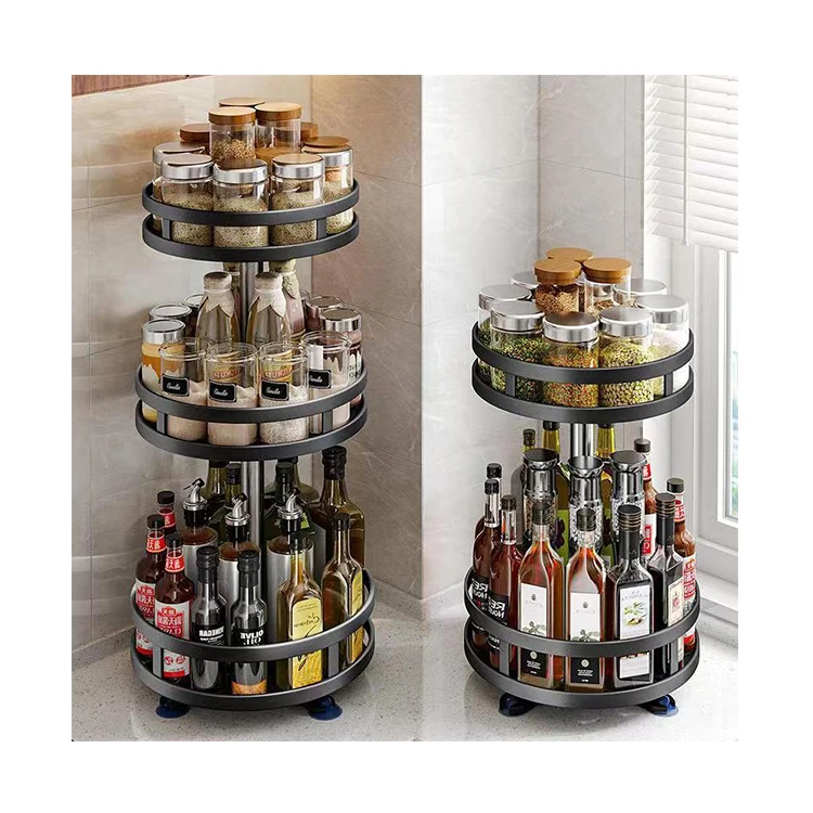2nd floor kitchen seasoning storage rack with rotating counter top for household storage