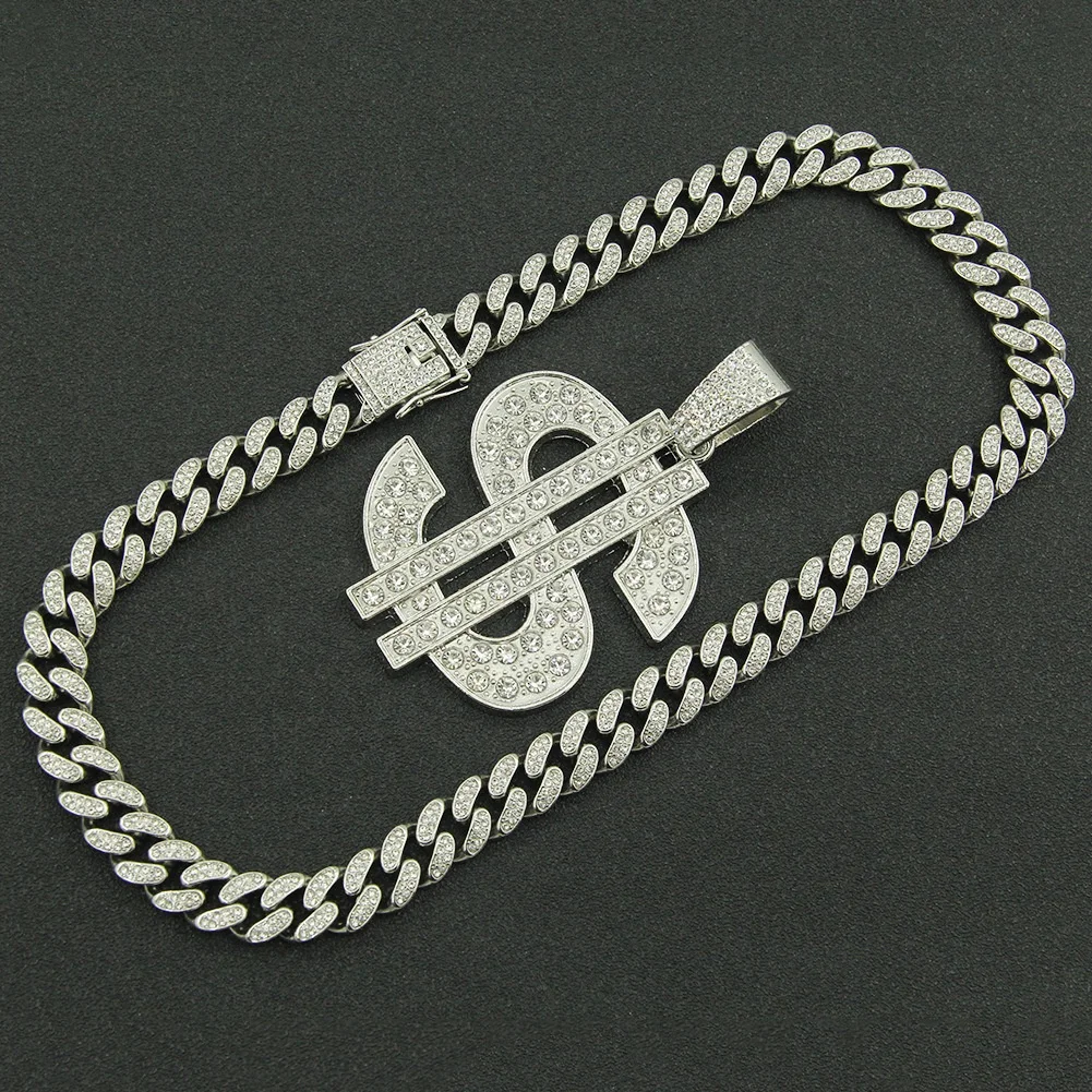 Iced Out Big Cuban Chain Jewelry Hip Hop Alloy With Rhinestone USD Dollar Symbol Pendant Necklace