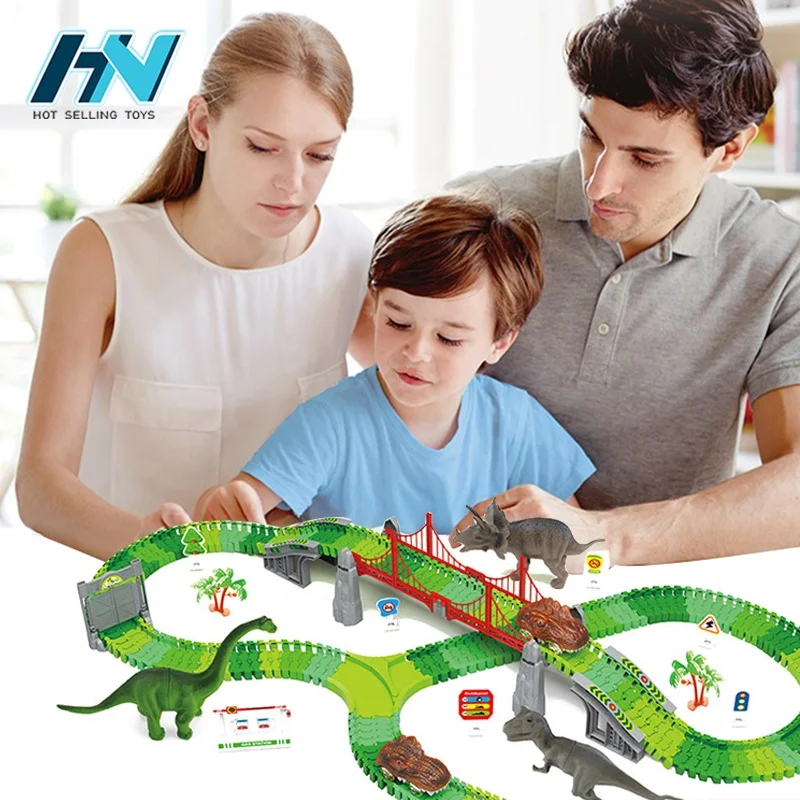 109pcs educational DIY dinosaur track toy race car slot toys electric toy race track set