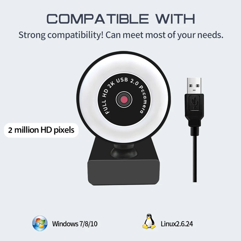  USB веб-камера FHD 2K 1080P с кольцевым светильником микрофоном и автофиксированным фокусом для ПК Twitch