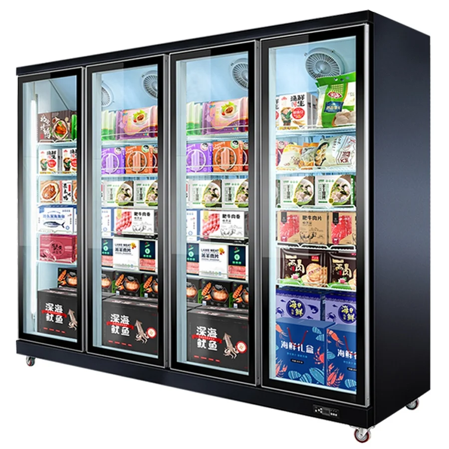 LED Flat Heated Exhibition  Glass Doors Vertical Upright Public Display Freezer