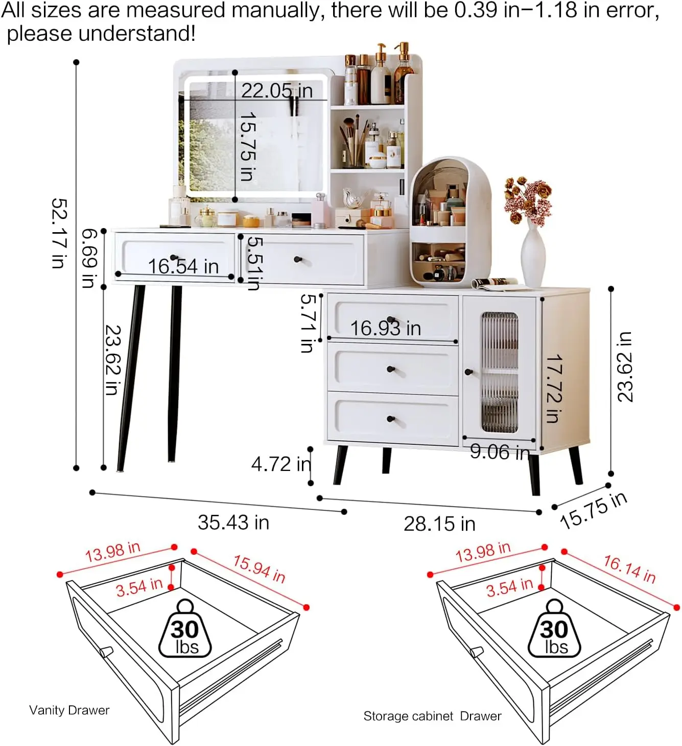 Bedroom furniture modern White Makeup Vanity Desk with Mirror Adjustable Cabinet & Drawers