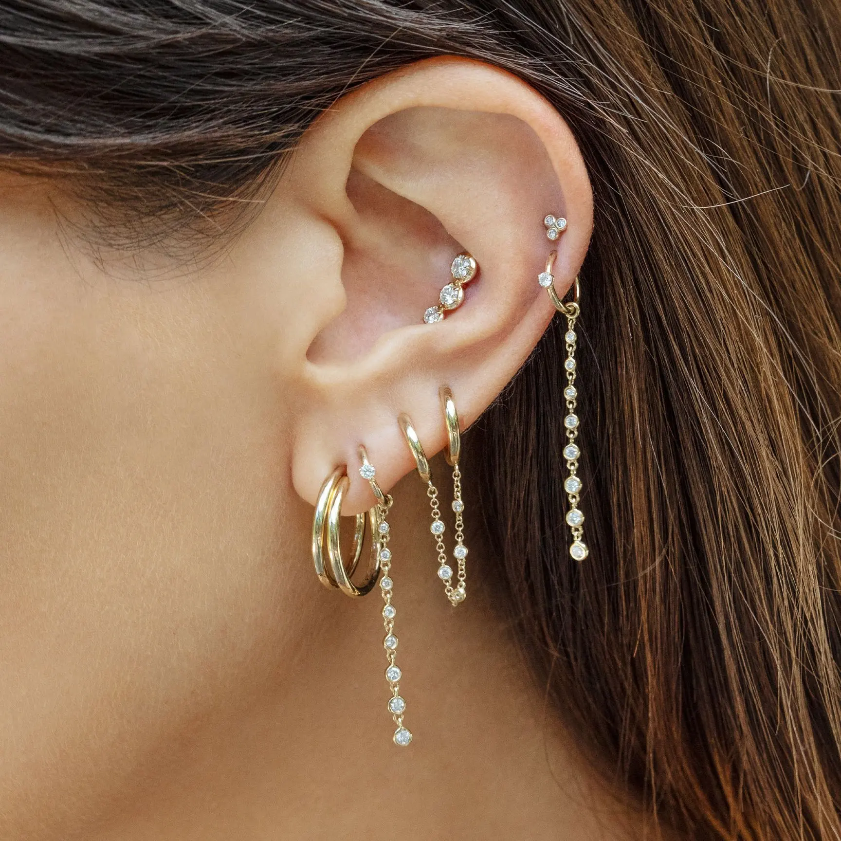 Hot Selling Fashion Ladies 18k Gold Plated Earrings Long Chain Zircon Hoop Earrings Jewelry for women