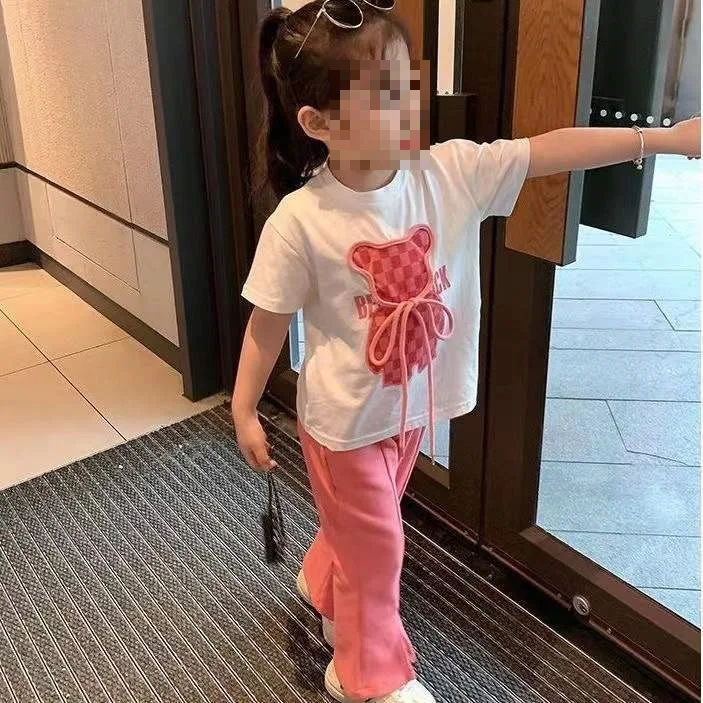 2023 Summer Kids Outfits Short Sleeve Plaid Cartoon Bear Print T Shirt Flared Slit Pants Two Piece Tracksuit Girls Clothing Sets