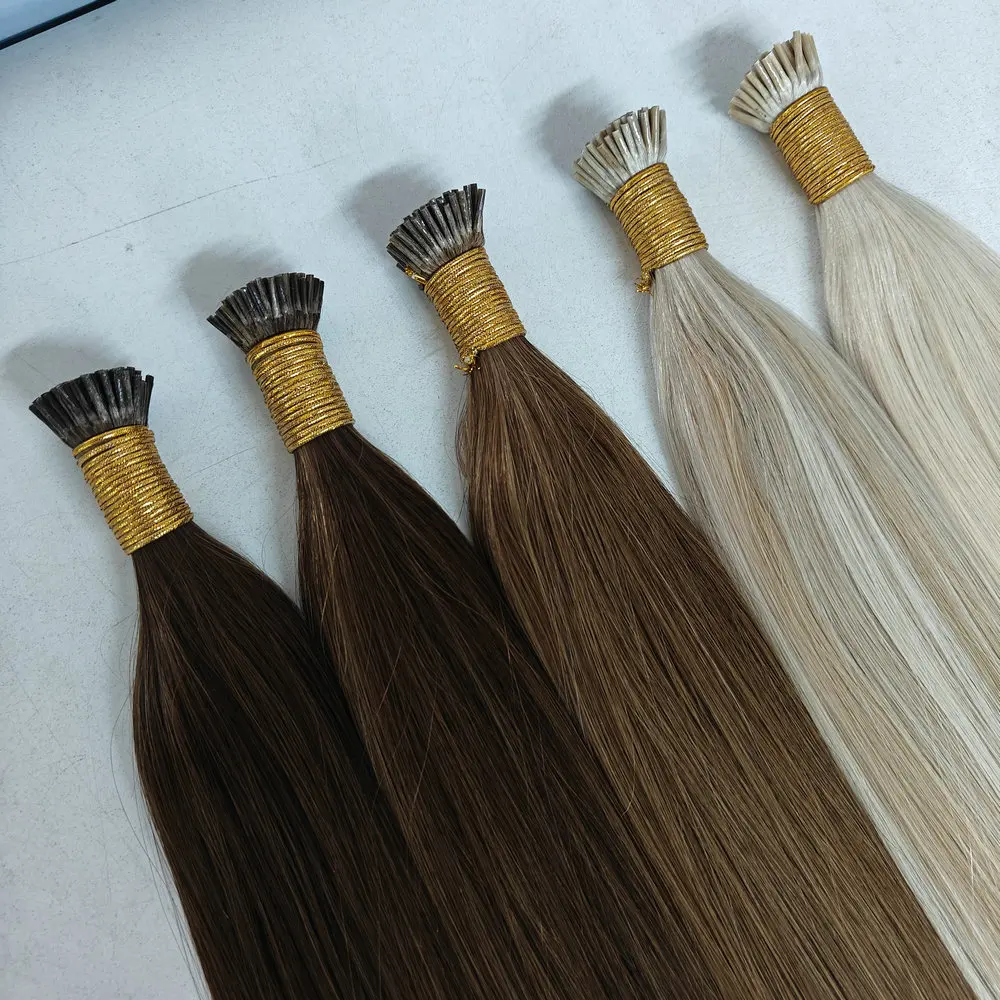 Double Drawn Italian Glue Pre Bonded Keratin I Tip Hair Extensions Cuticle Aligned Remy I Tip Human Hair