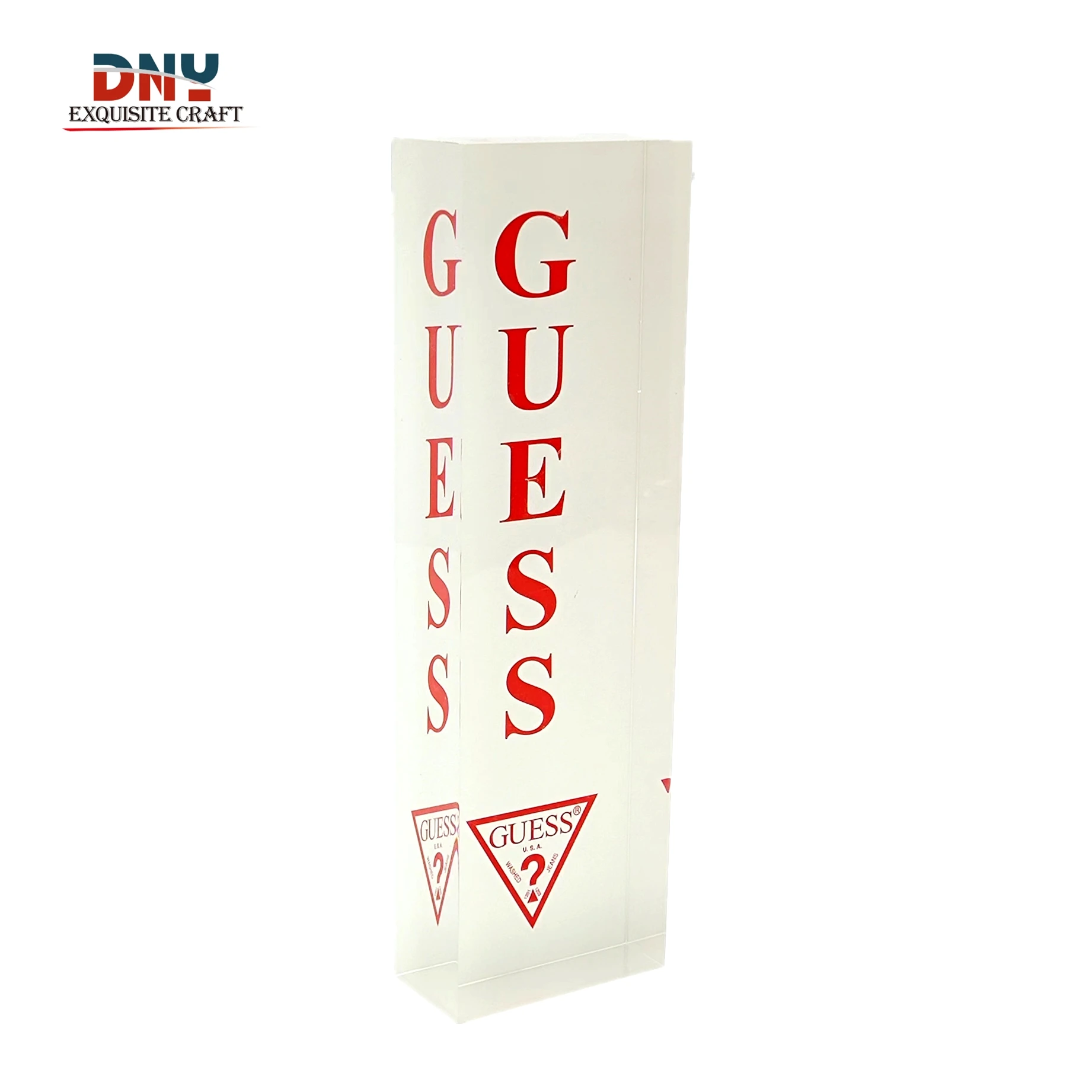 Factory custom vertical transparent acrylic logo block White board full white silk screen red logo retail desktop brand display