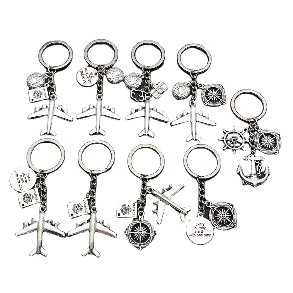 Fashion Key Chain Keychains Jewelry Silver Color Aircraft Airplane Compass Passport Travel Journey Pendant