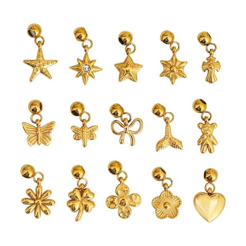 Gold Plated Stainless Steel Flower Butterfly Star Shapes Pendant Bear Charm Sunflowers Heart Necklace Pendant DIY Charm