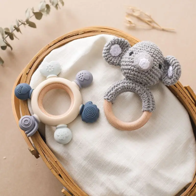 Wholesale Baby Wooden Crochet Rattle Silicone Teether Ring Two-piece Animal Baby Toy Set