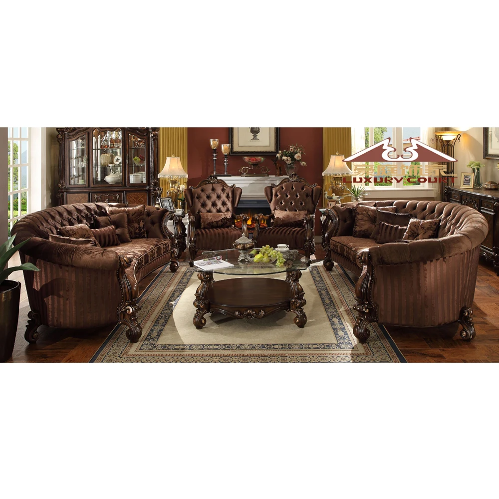 Longhao Wholesale European Luxury Living Room brown coffee antique Sofas Wooden Carved Fabric Cover Home Furniture Classic