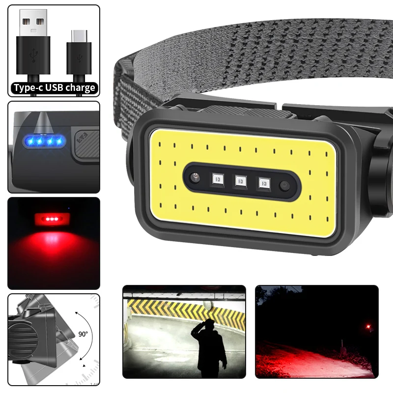 500lm 100m mini ABS 18650 Battery sensor white+red COB LED Headlight  5 Mode TYPE-C  Rechargeable HeadLamp Hiking Camping Lamp