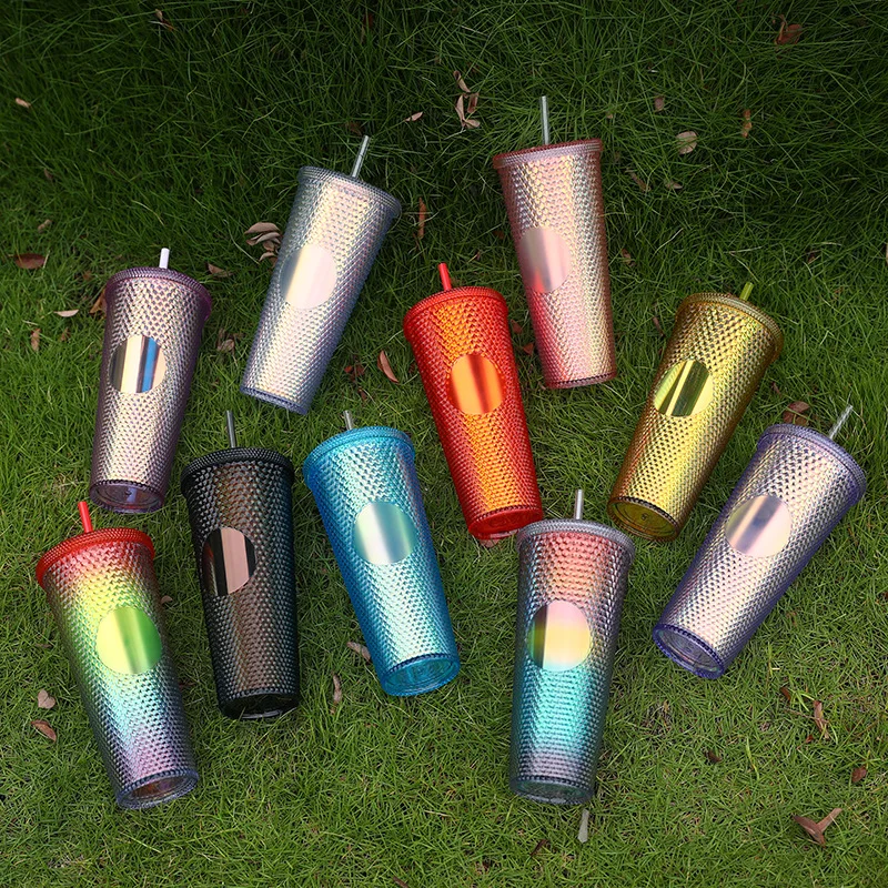 2024 Popular Reusable Drink Cup Double Wall Plastic Juice Coffee Mug 24oz Studded Tumbler With Straw