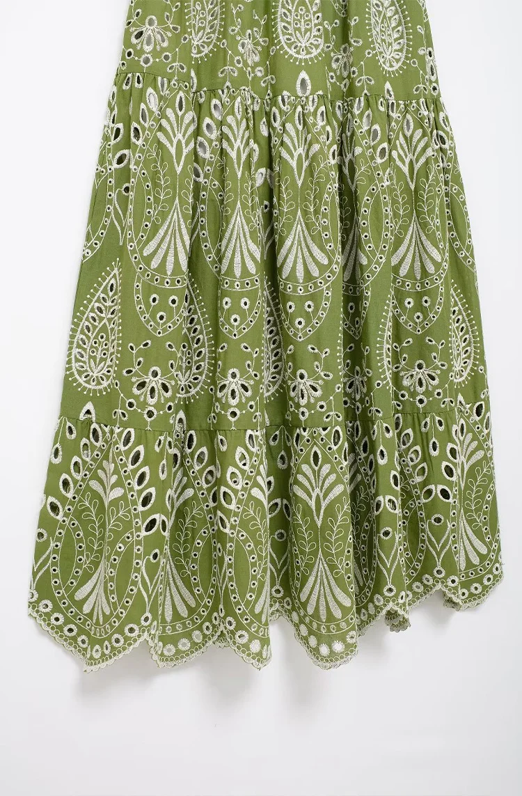 Ladies Hawaiian Vacation Style Slimming High Waisted Whitening Green Dress Hollow out Embroidered Print Summer Slip Dress
