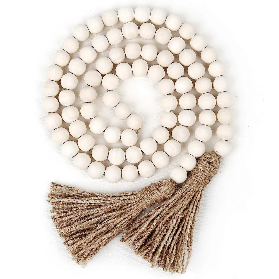 58in Wood Bead Garland Country Decor Prayer Boho Beads Big Wall Hanging Decor Wood Bead Garland with Tassels